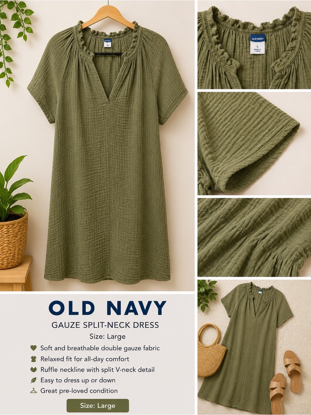 Old Navy Olive Green V-Neck Textured Dress